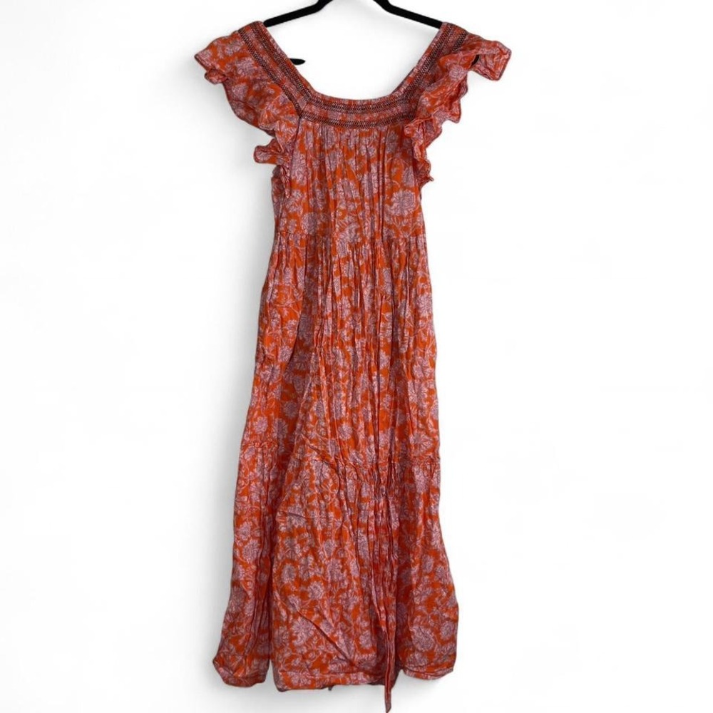 Free People Midi Dress Womens Small Orange Floral Smocked Tiered Boho Cap Sleeve - Picture 2 of 5